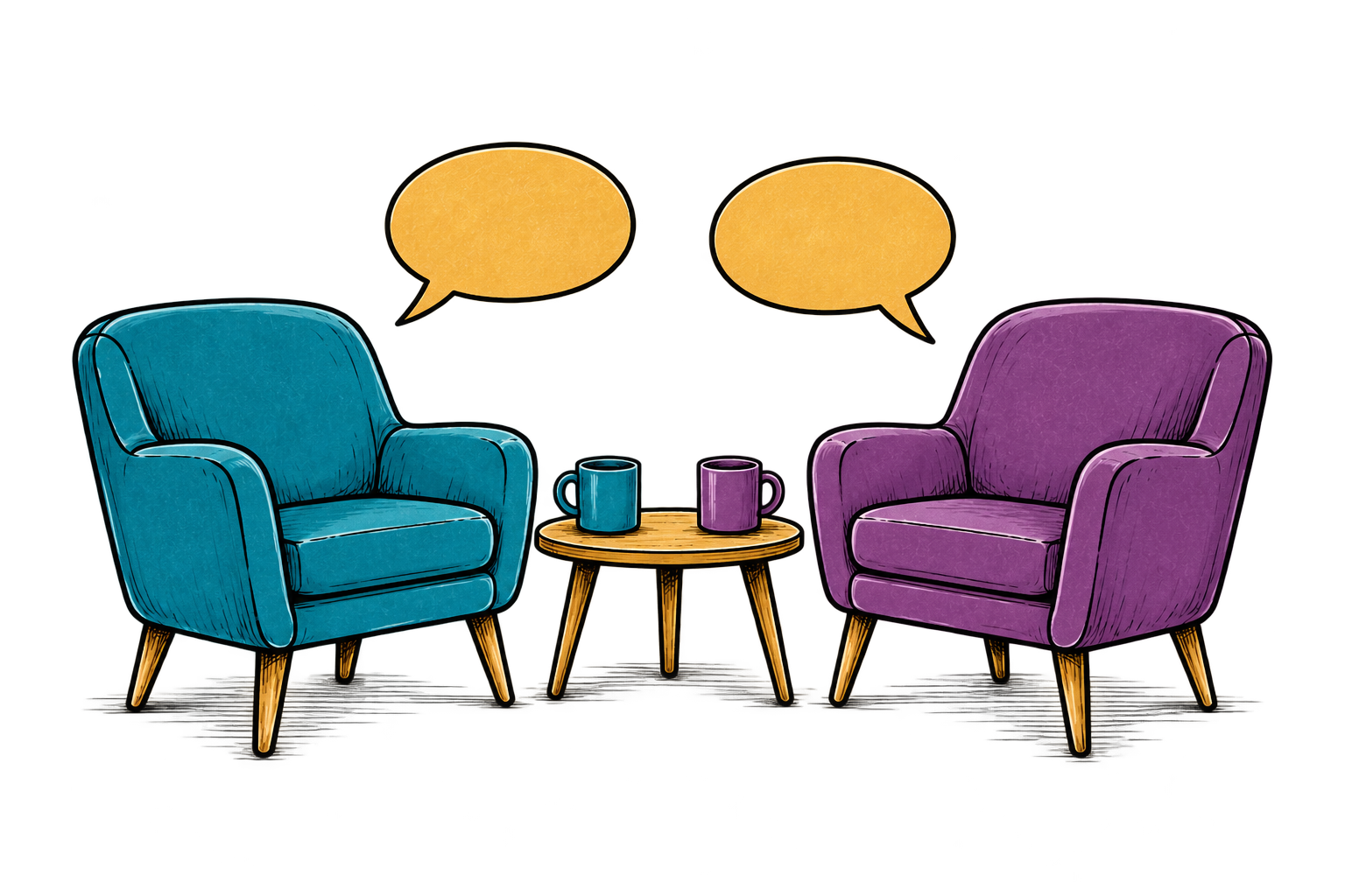 Two empty chairs and mugs with two separate speech bubbles, ready for a conversation