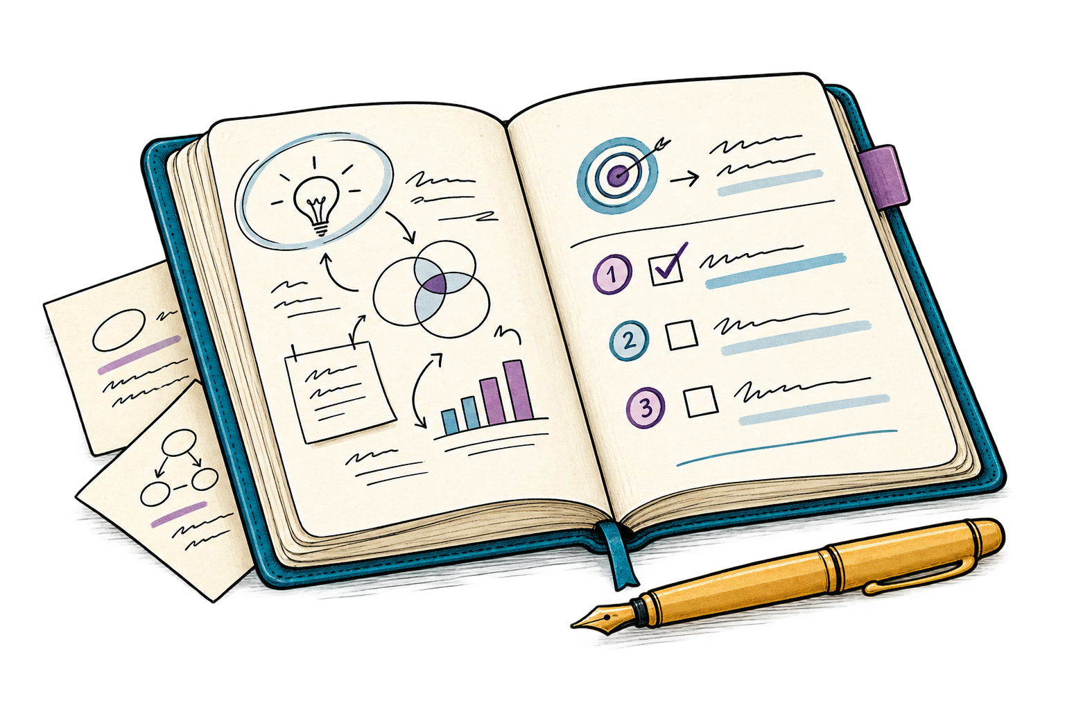 An open planning notebook and golden pen