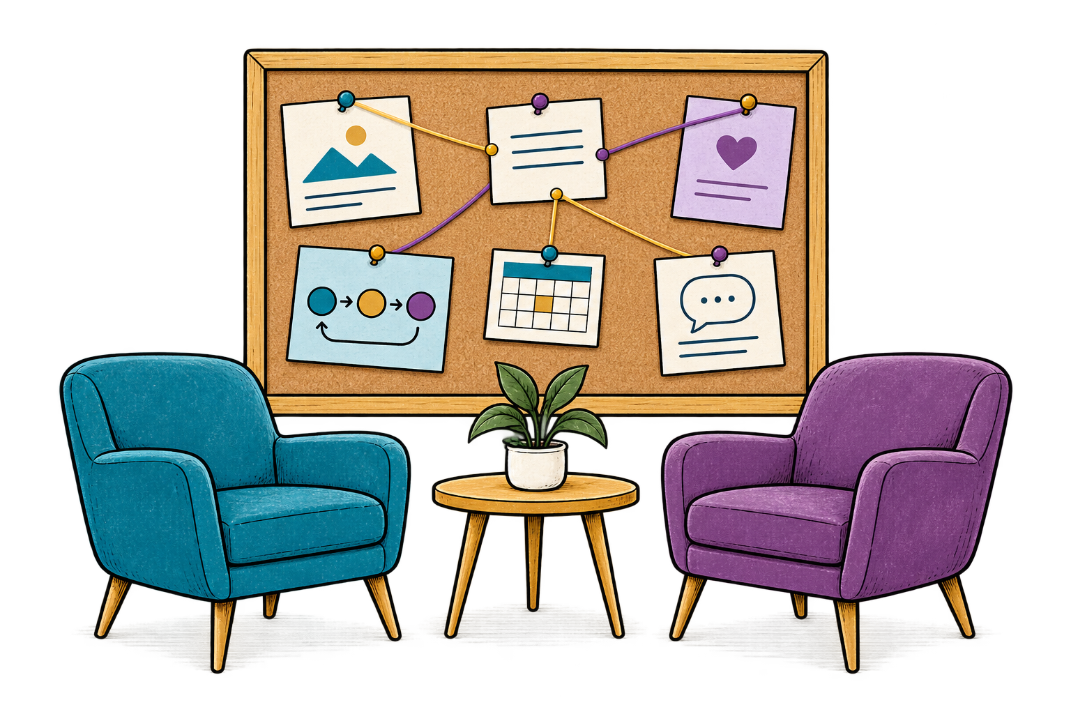 Two chairs beside a bulletin board connecting notes and experiences into a bigger picture