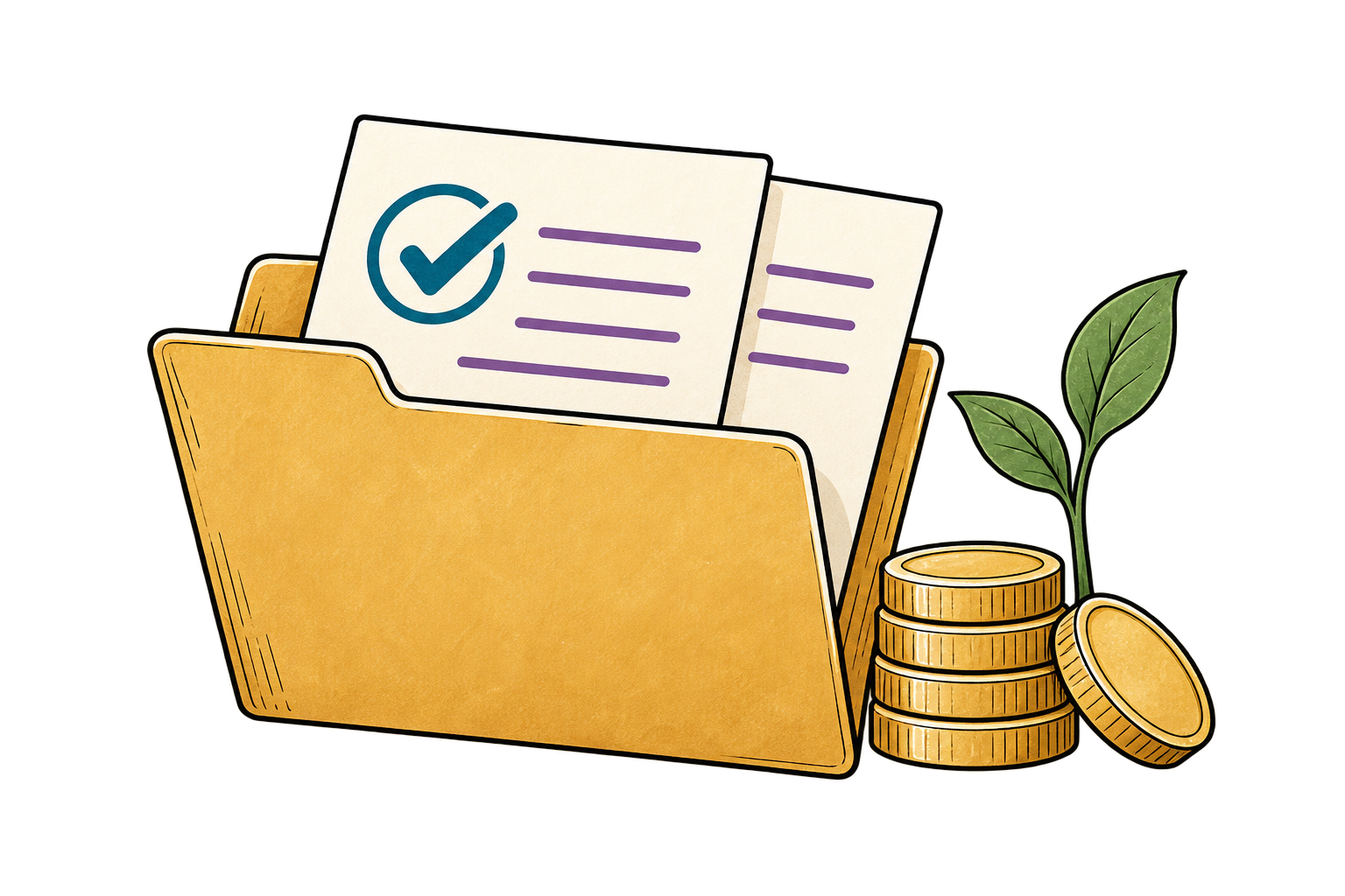 A folder of grant documents, coins, and a small growing plant