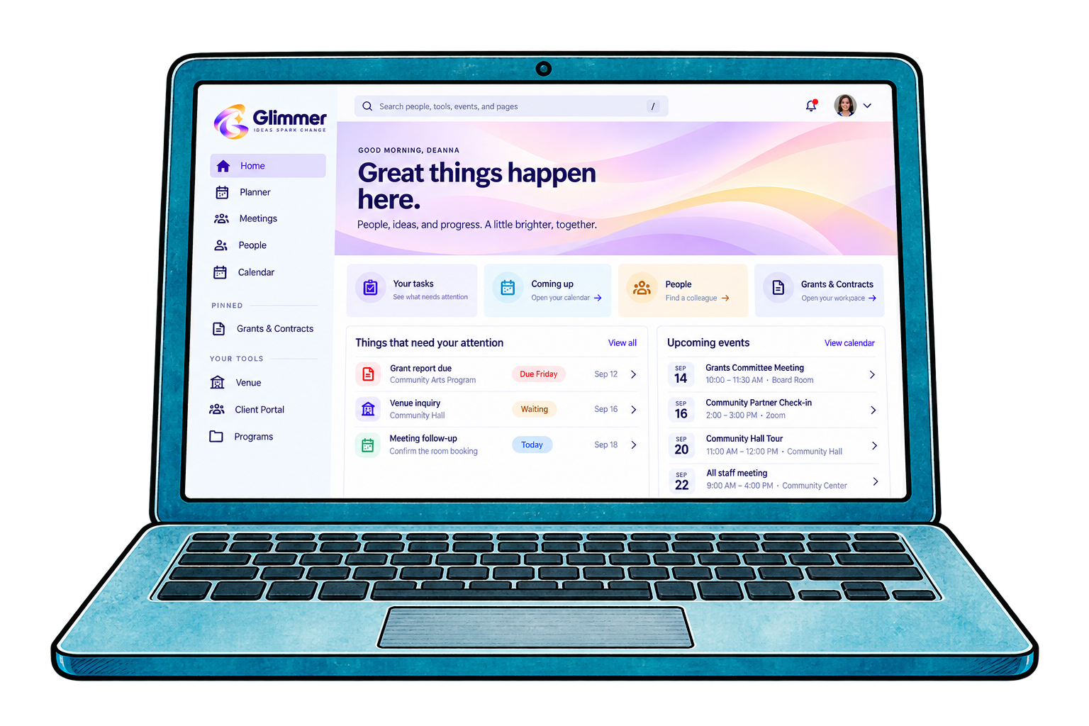 An illustrated teal laptop displaying the Glimmer dashboard