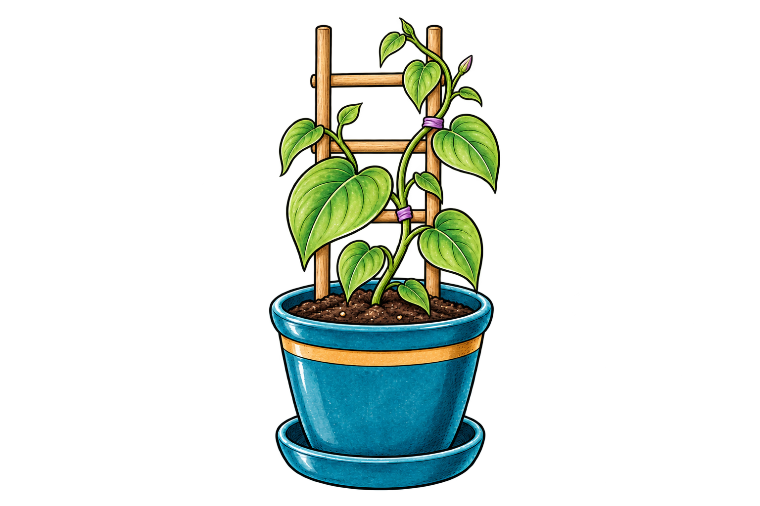 The same plant grows with a wooden trellis and gentle supporting ties