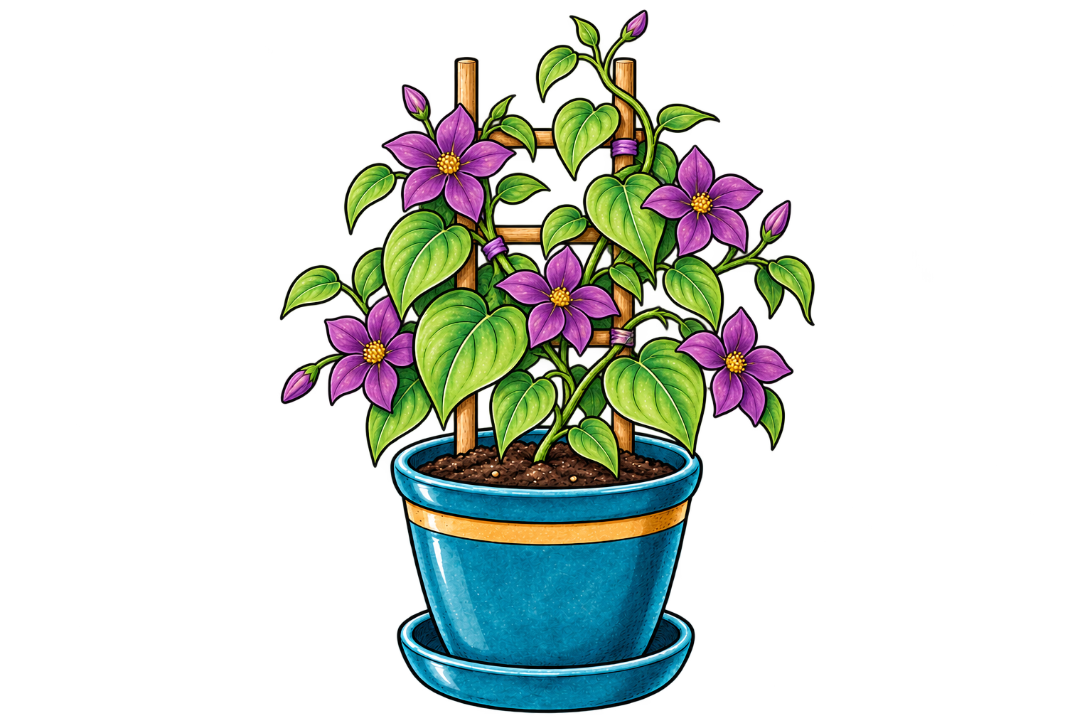 The same plant flourishes with purple flowers, new buds, and continuing growth