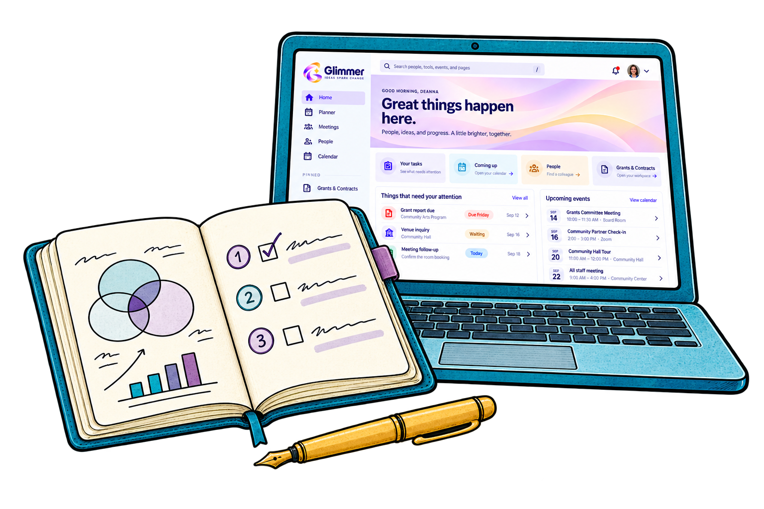 The Glimmer laptop beside an open planning notebook and golden pen, bringing software and support together