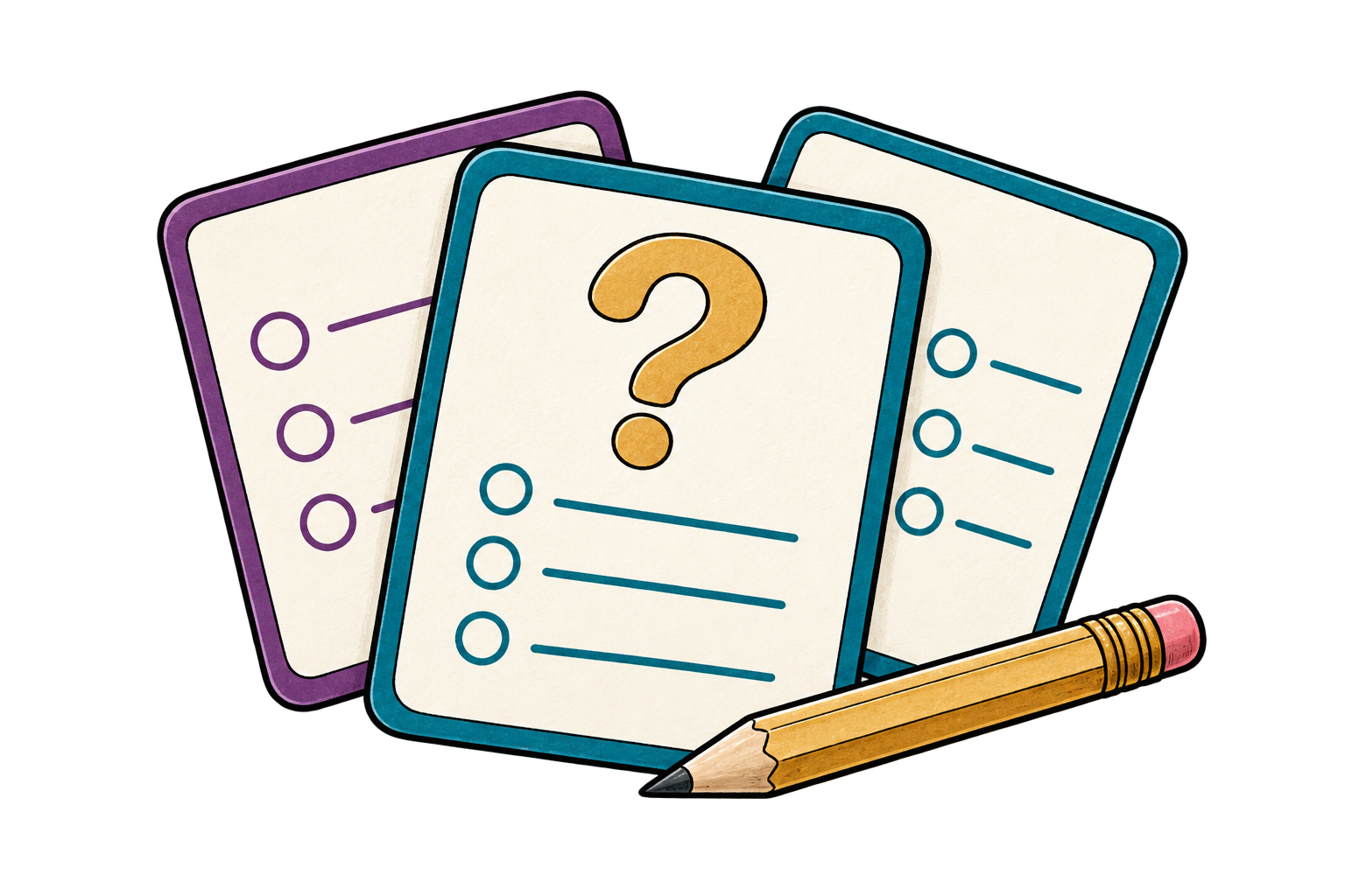 Three question cards and a golden pencil, ready to explore what your organization needs