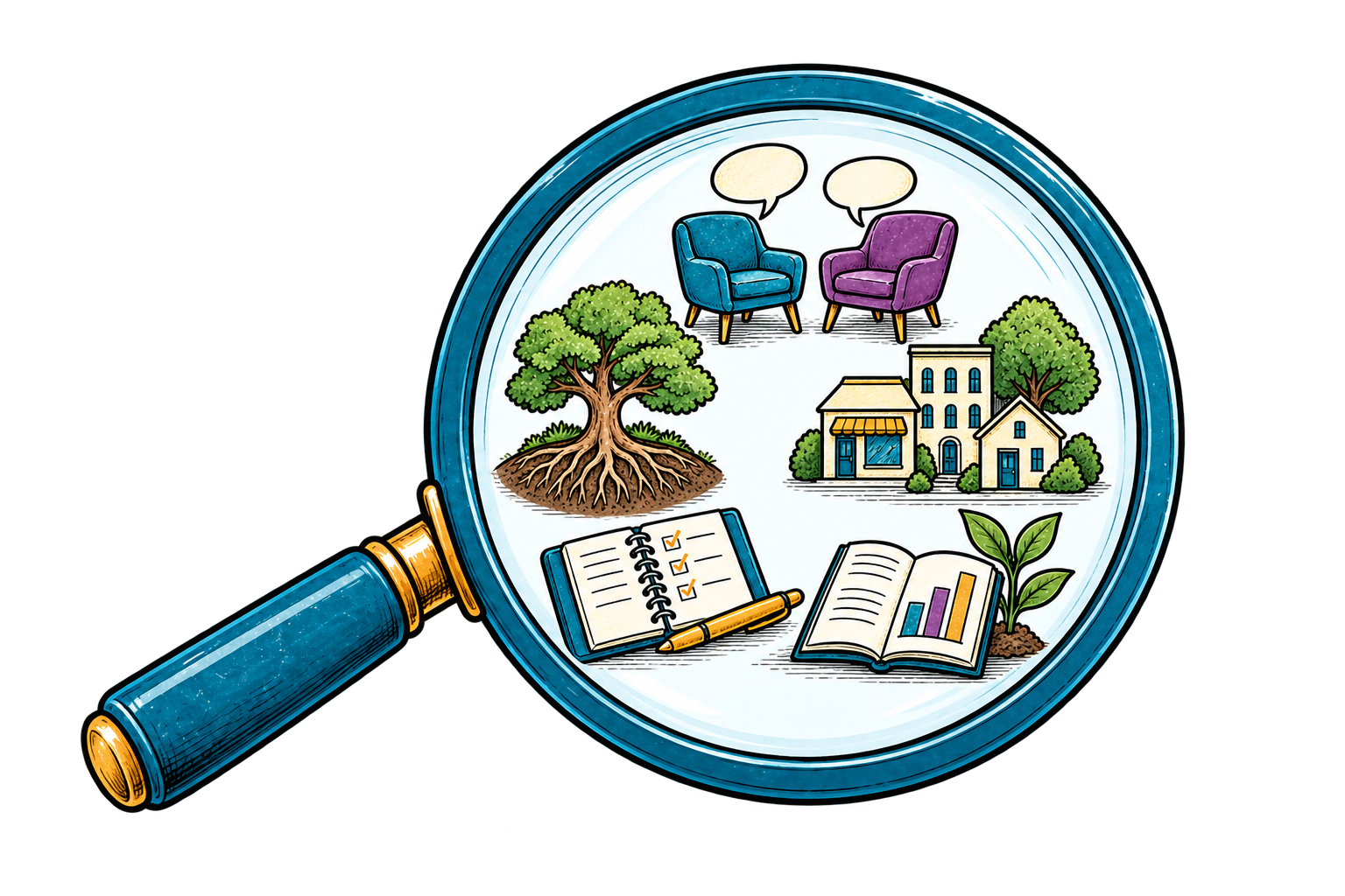 A magnifying glass brings People, Community, Impact, Operations, and Stability into focus