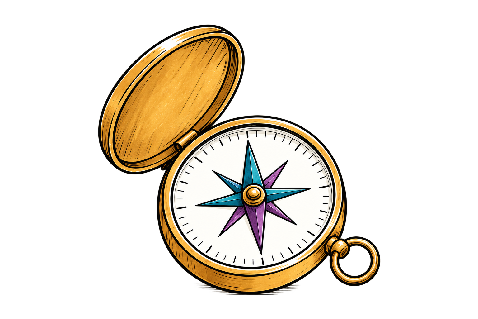 An open golden compass with a blue and purple compass rose
