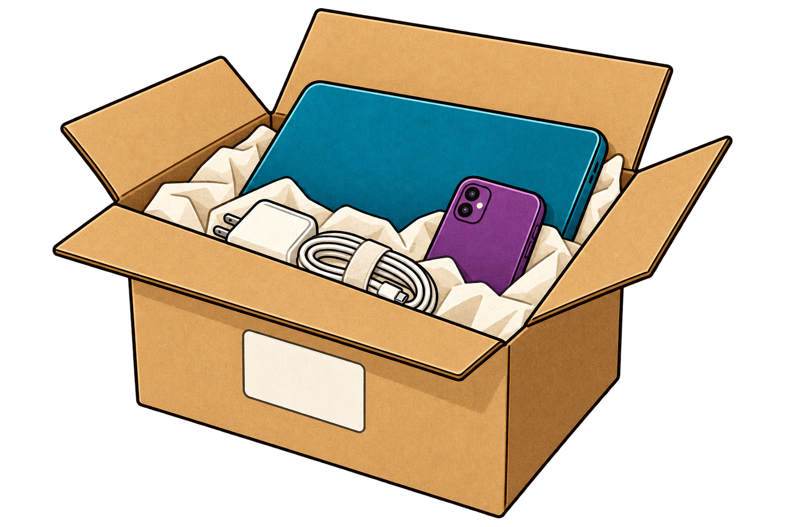 A laptop, phone, and charger packed in a shipping box with protective paper