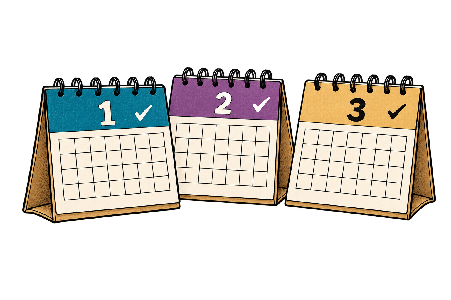 Three calendars marking the first, second, and third months