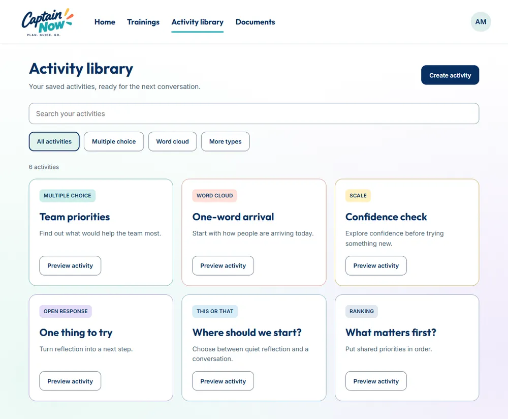 Captain Now's library of activities for facilitators and trainers