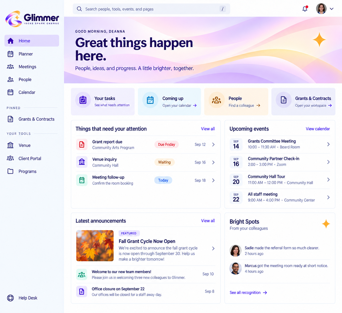 Glimmer's home screen with tasks, grants and contracts, upcoming events, announcements, and team recognition