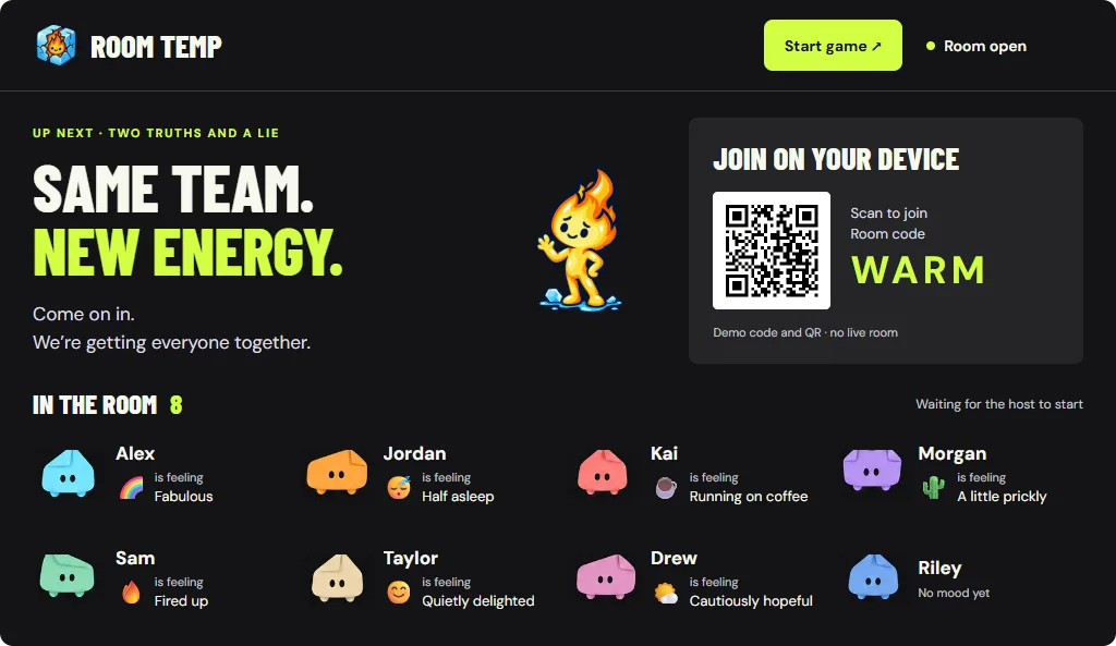 A Room Temp meeting lobby with its join code and participants